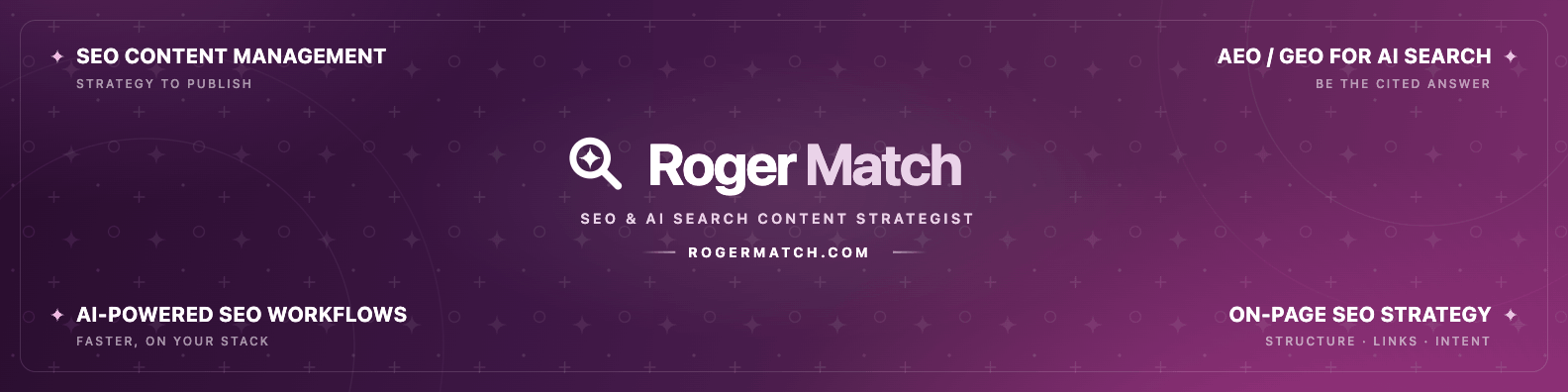 Roger Match. SEO content management, AEO and GEO for AI search, AI-powered SEO workflows and on-page SEO strategy.